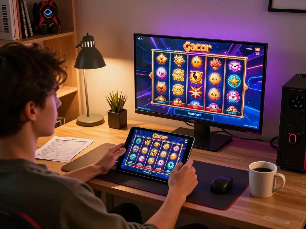 Player enjoying a slot gacor gampang menang session on tablet, showcasing exciting gameplay dynamics.