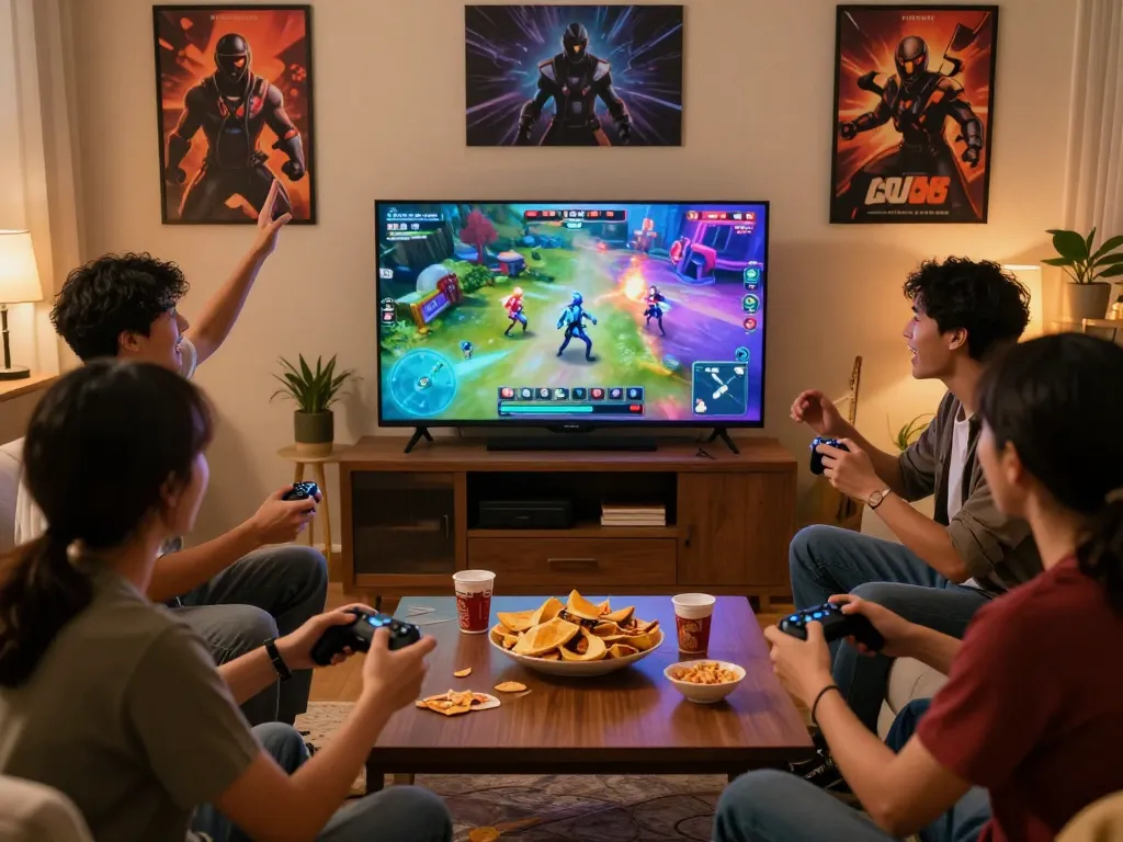 Group of friends enjoying go88 gaming together in a cozy living room