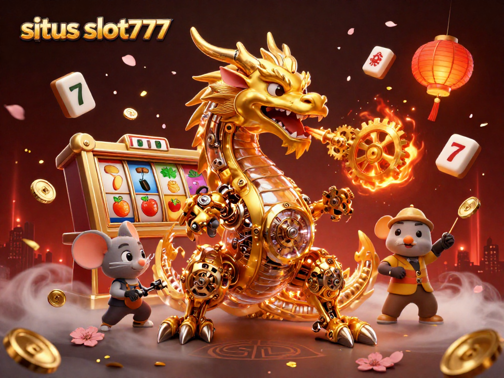 Spin and win at situs slot777 with golden dragon and vibrant slot reels in a dynamic casino scene.