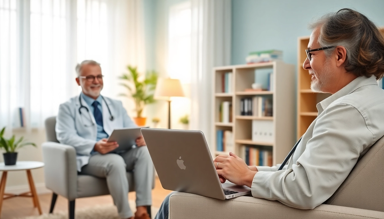 Engaging telehealth doctor for prescriptions interacting with a patient online through a video call.