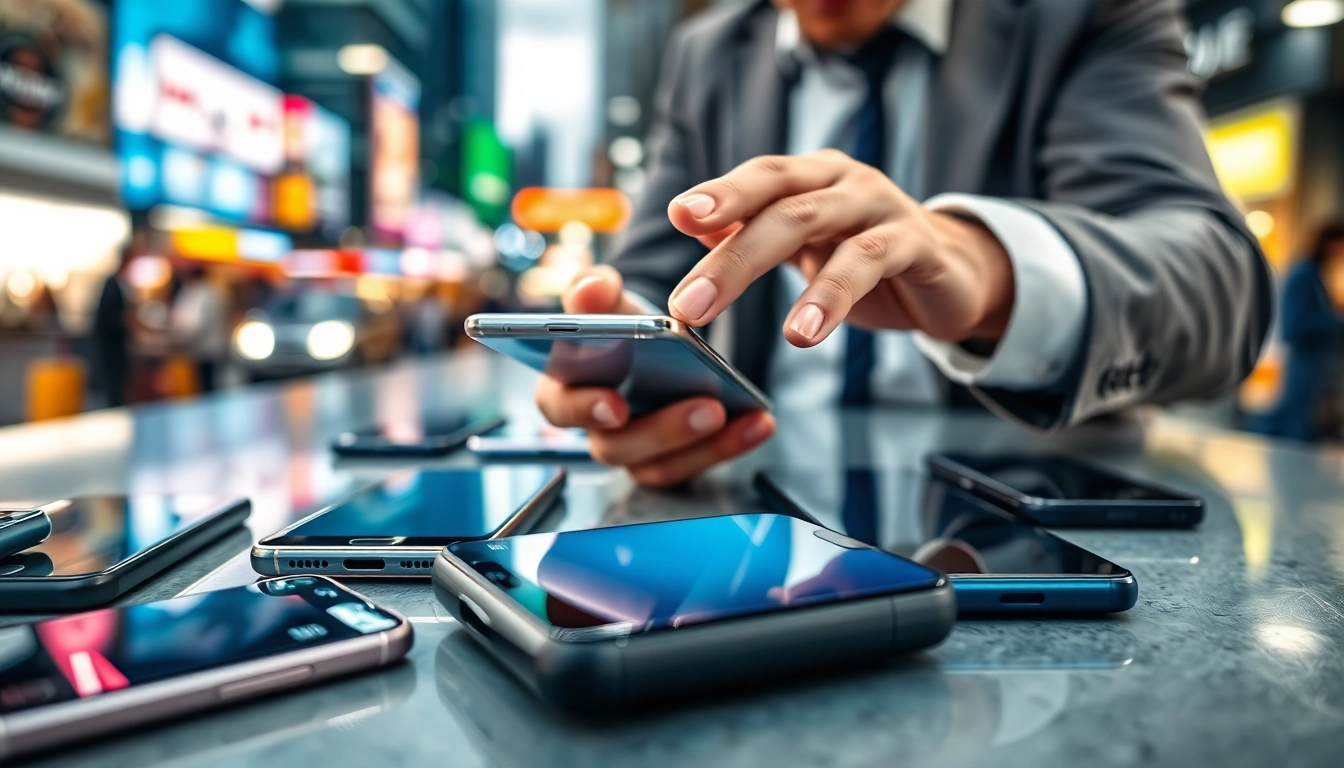 Instant phone buyer evaluating multiple smartphones on a table in a bright urban setting.