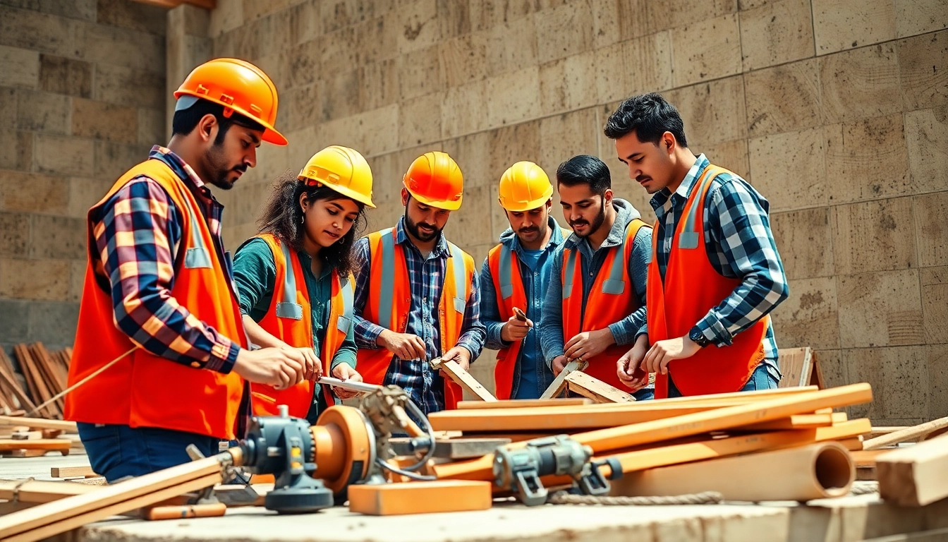 Construction apprenticeship in action, highlighting apprentices teamwork with tools on-site.