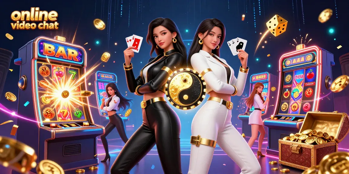 Engage in online video chat with vibrant casino elements and lively twin characters.