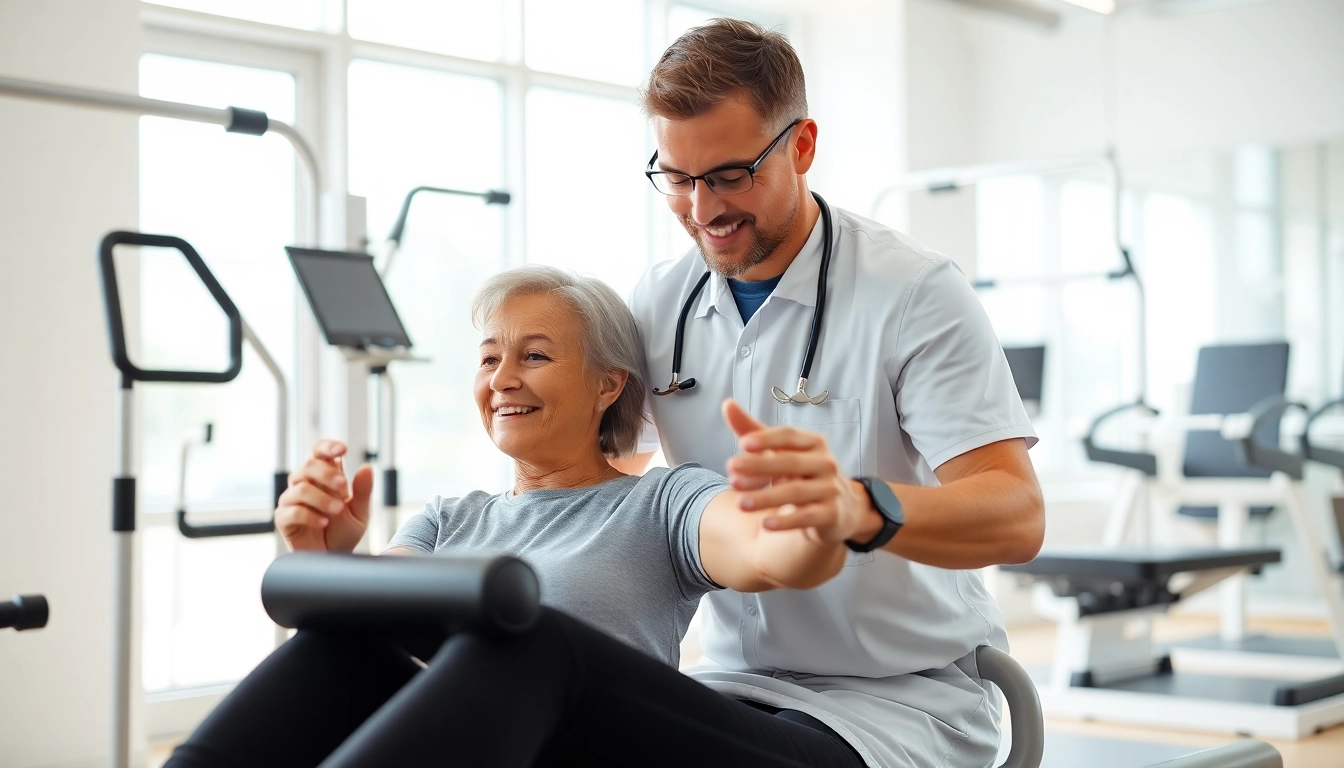 Health in Motion Rehabilitation session highlighting a therapist supporting a patient in recovery.