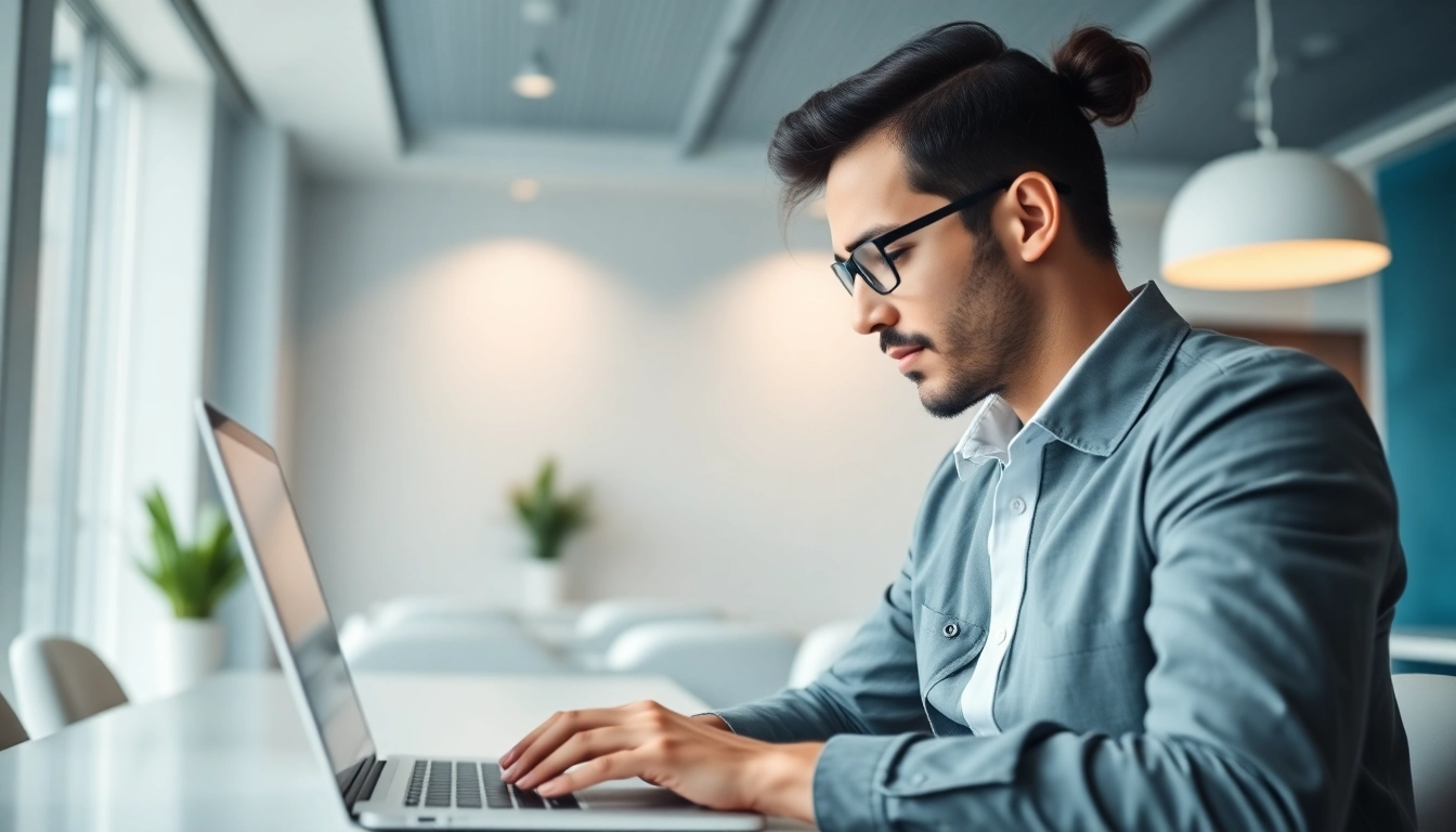Utilizing a linkedin email finder tool on a sleek laptop in a modern office environment.