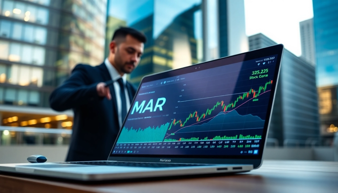 Monitor displaying MAR stock price with investor analyzing data in a financial setting.