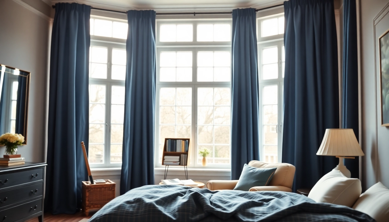 Verduisterende gordijnen in een prachtig ingerichte slaapkamer, die een ontspannen sfeer creëert.