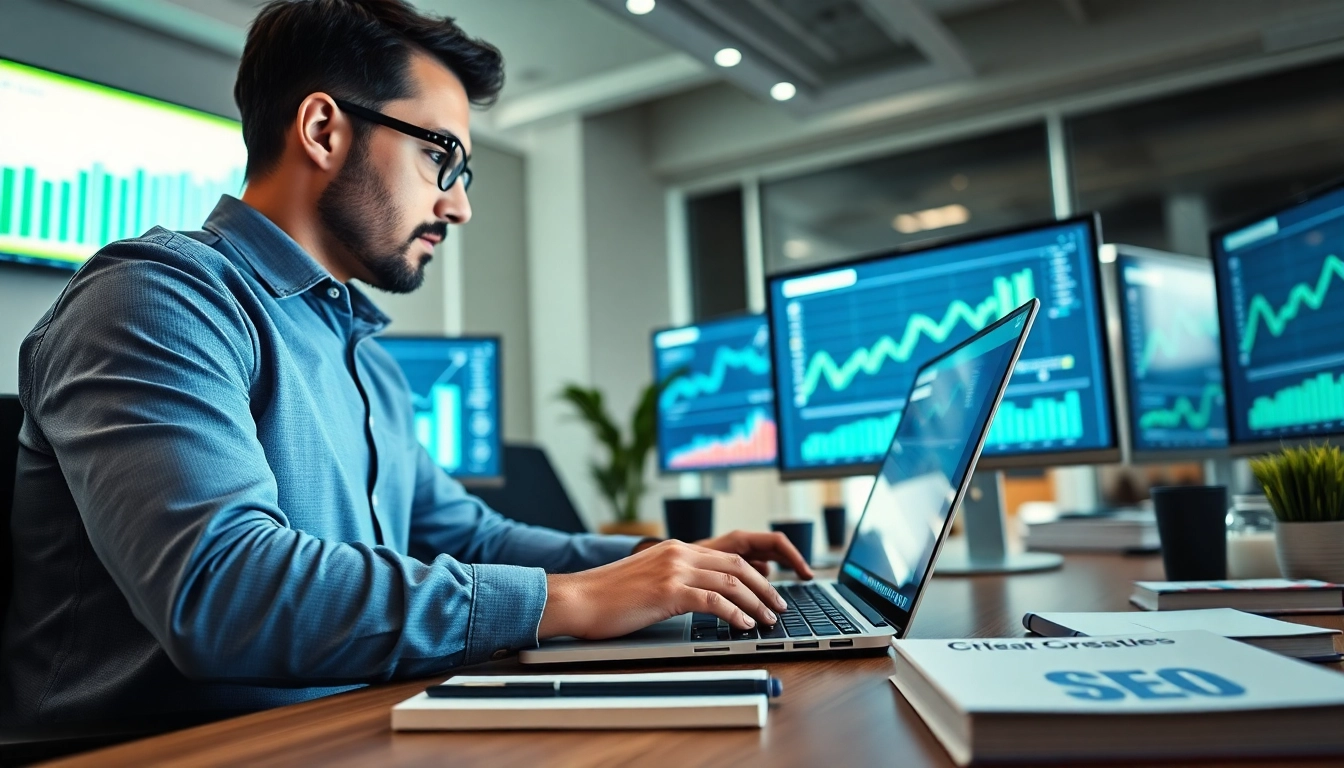Expert working on chatgpt seo optimization in a modern office setting with metrics.