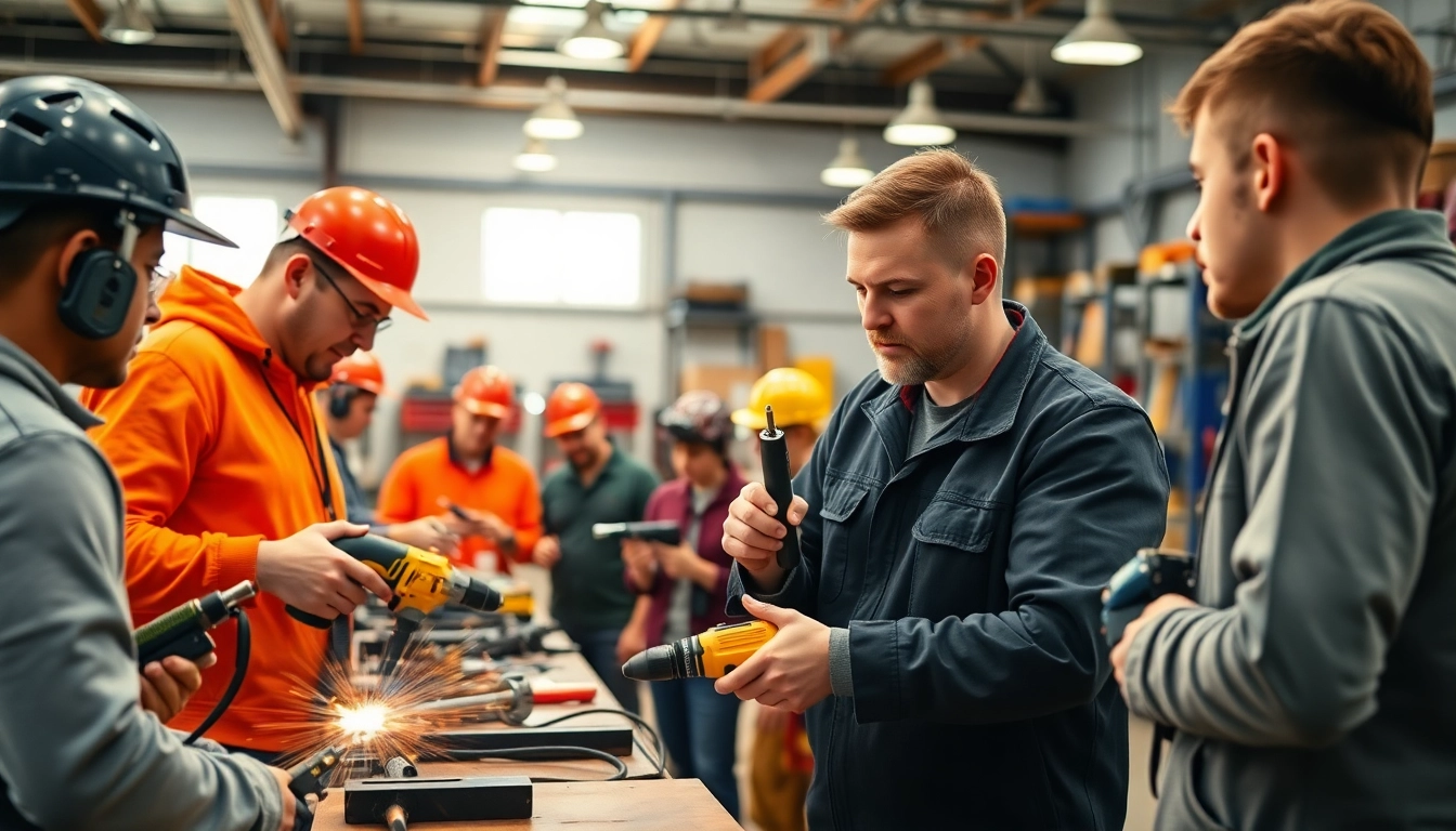 Skilled trades training in action with instructors guiding students using tools.