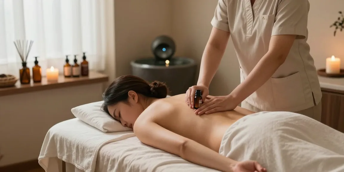 마사지 치료를 받는 고객과 아로마 오일이 놓인 부드러운 분위기의 마사지 룸