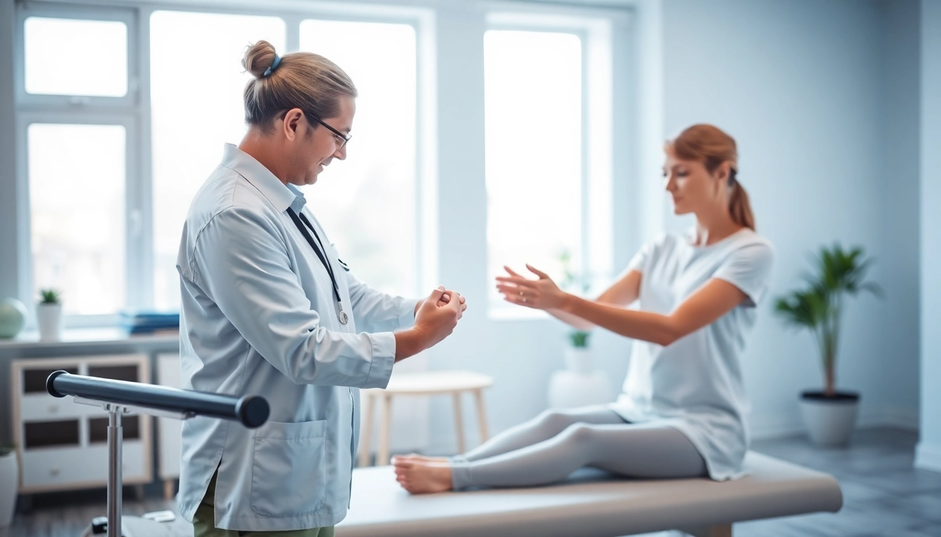 Physiotherapie in der modernen Praxis mit einem Therapeuten, der einem Patienten hilft.