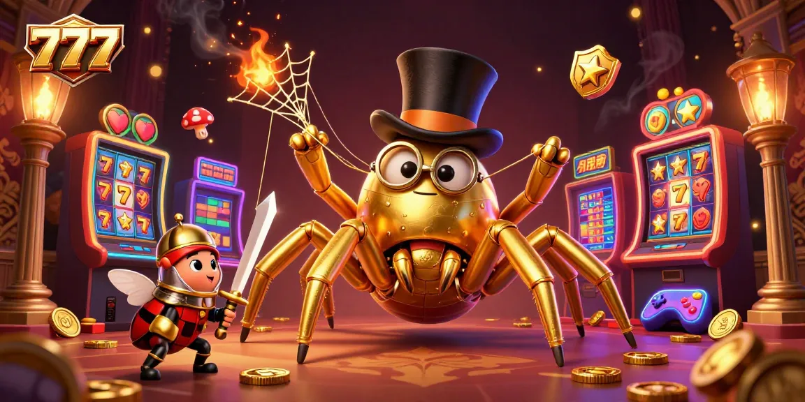 Engage in thrilling gameplay at 777 with a giant golden tarantula weaving golden threads among slot machines.