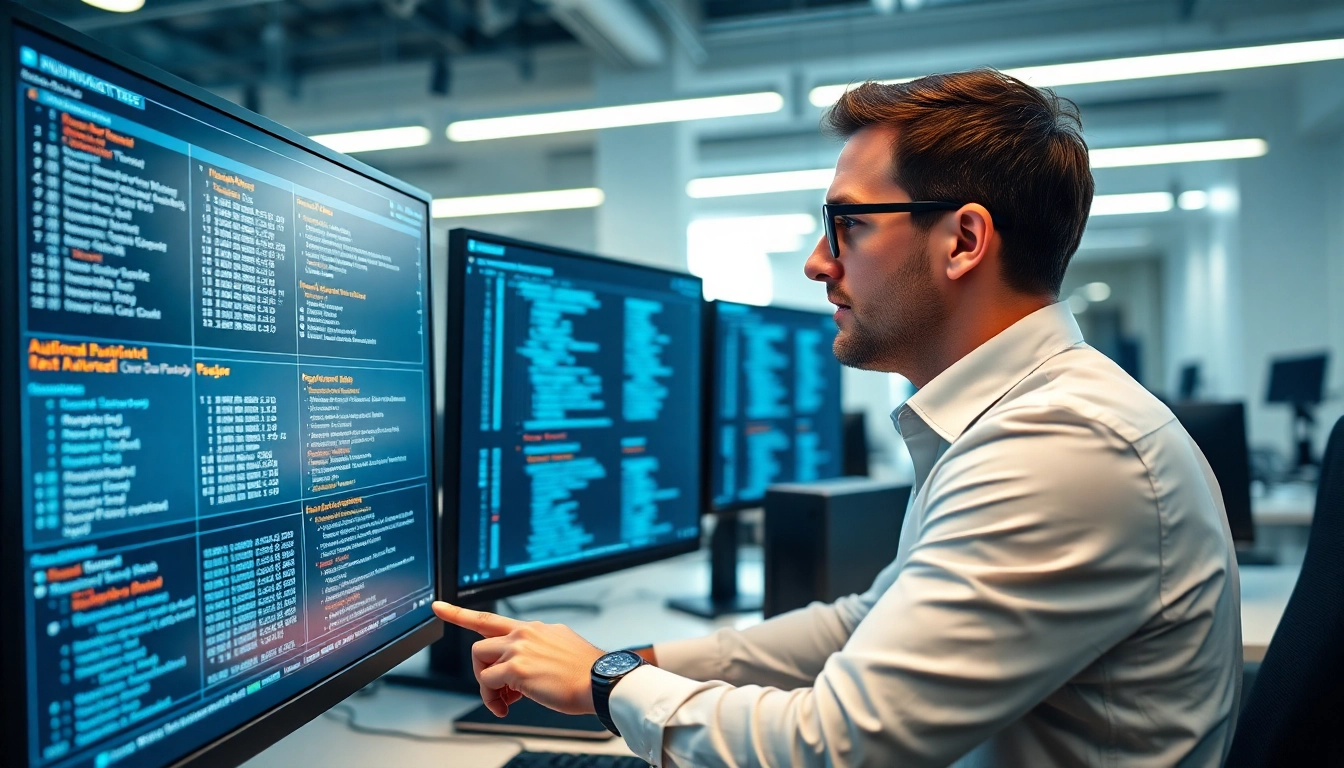 Utilizing a test automation tool in a modern tech office with multiple display screens.