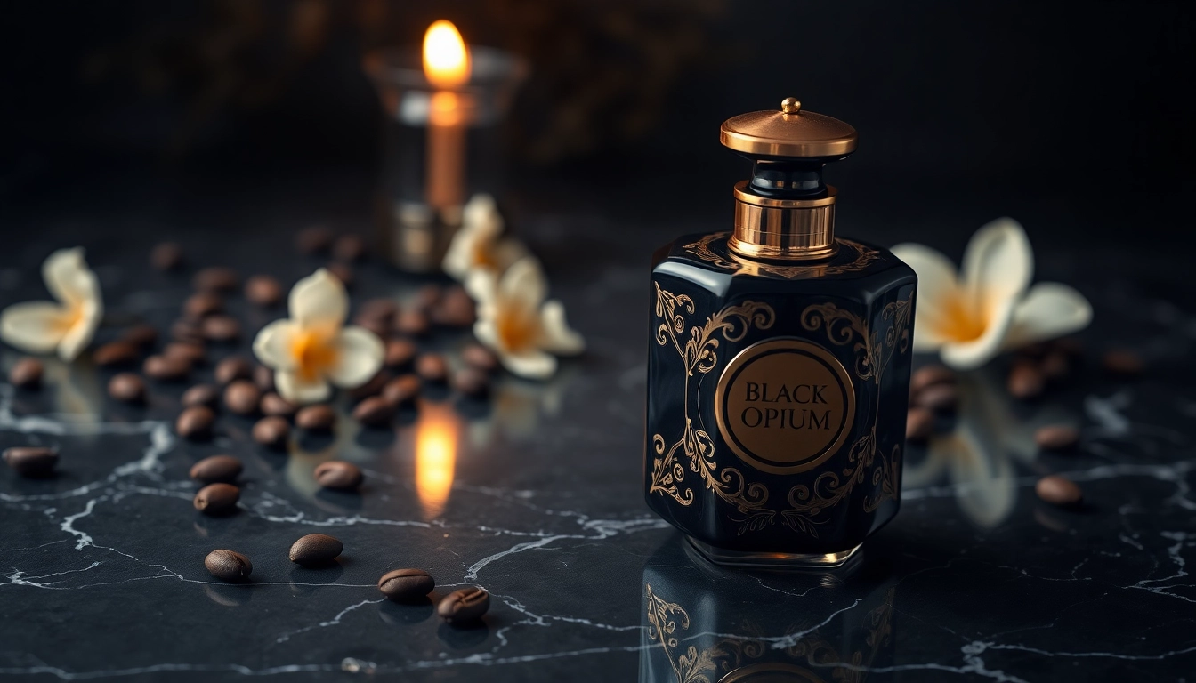 Admire the exquisite black opium perfume bottle highlighting its luxurious design.