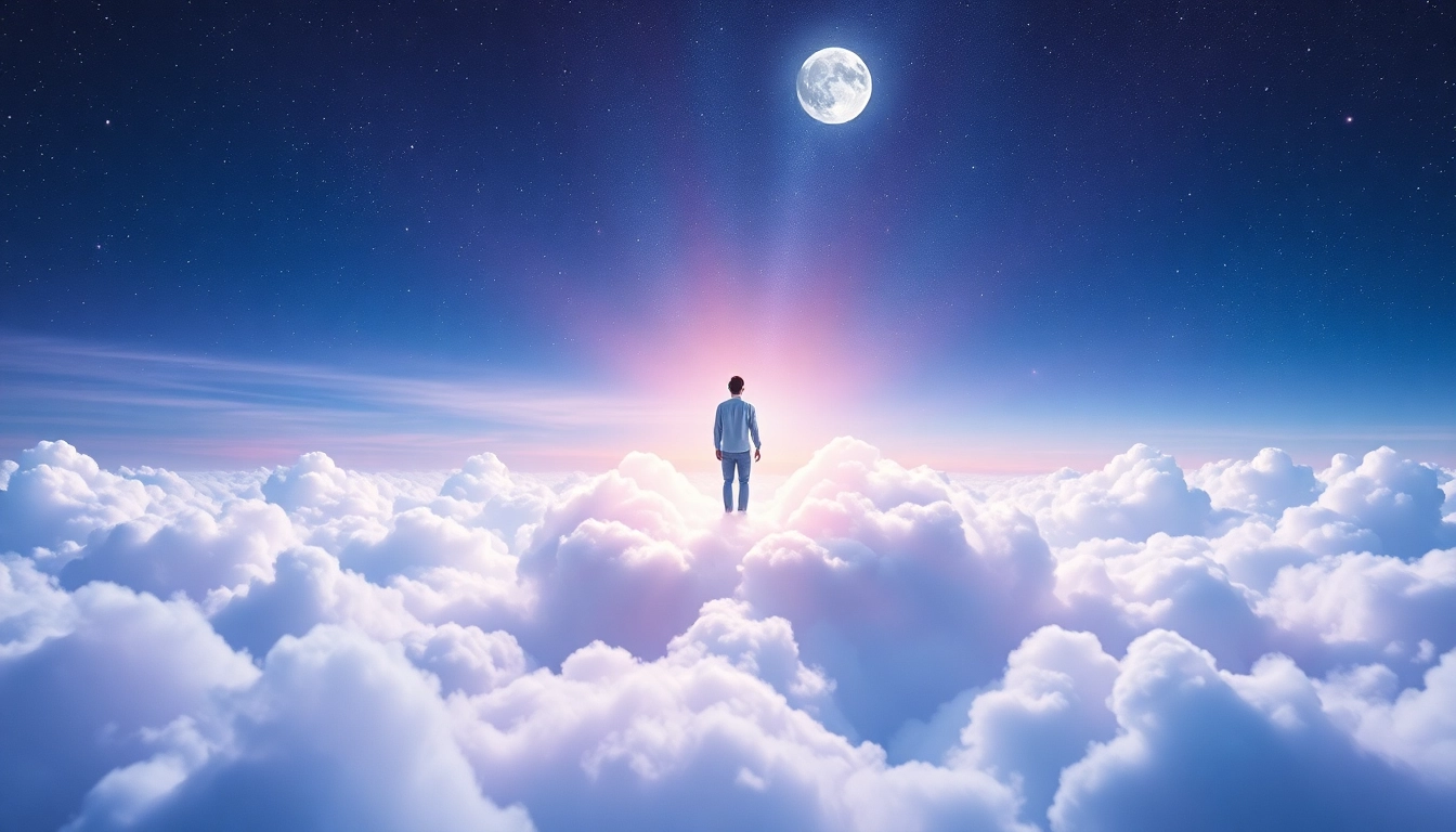 Experience the serenity of a dream with a person floating in a vibrant seedream landscape.