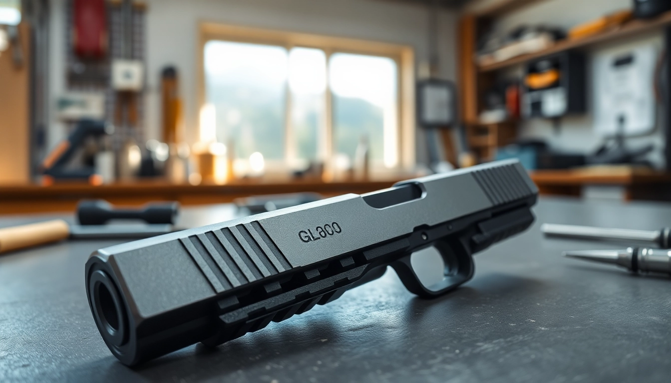 Buy Glock 19 slide showcased on a workshop table with tools emphasizing craftsmanship.