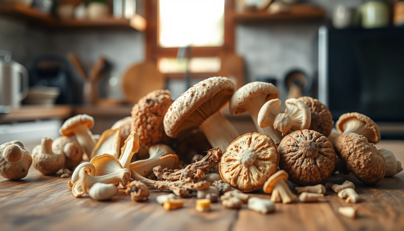 Buy mushrooms online Canada featuring an artful arrangement of fresh and dried mushrooms.