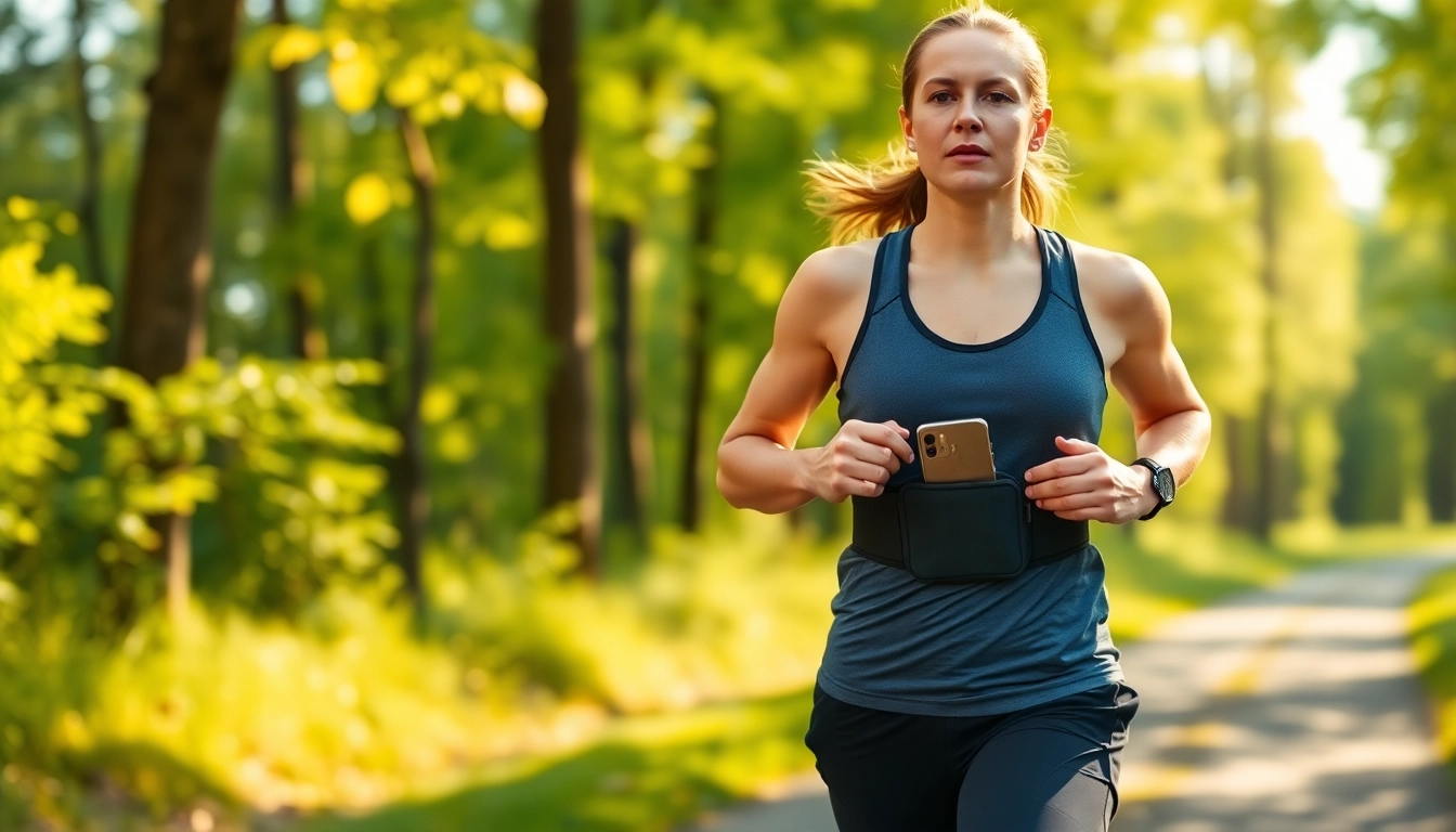 Runner demonstrating the utility of a running belt while jogging through a vibrant forest.