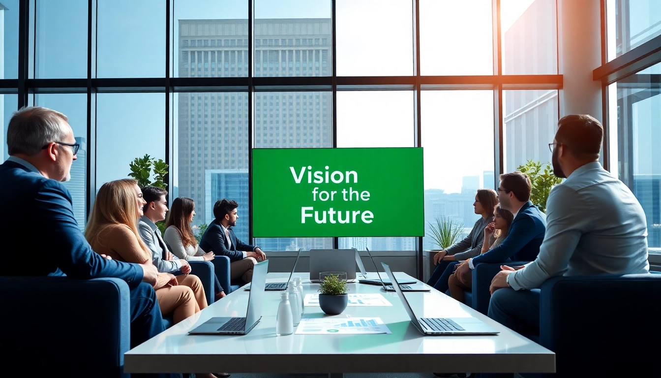 Illustration of a meeting about alphabet inc vision statement with business leaders in an office.