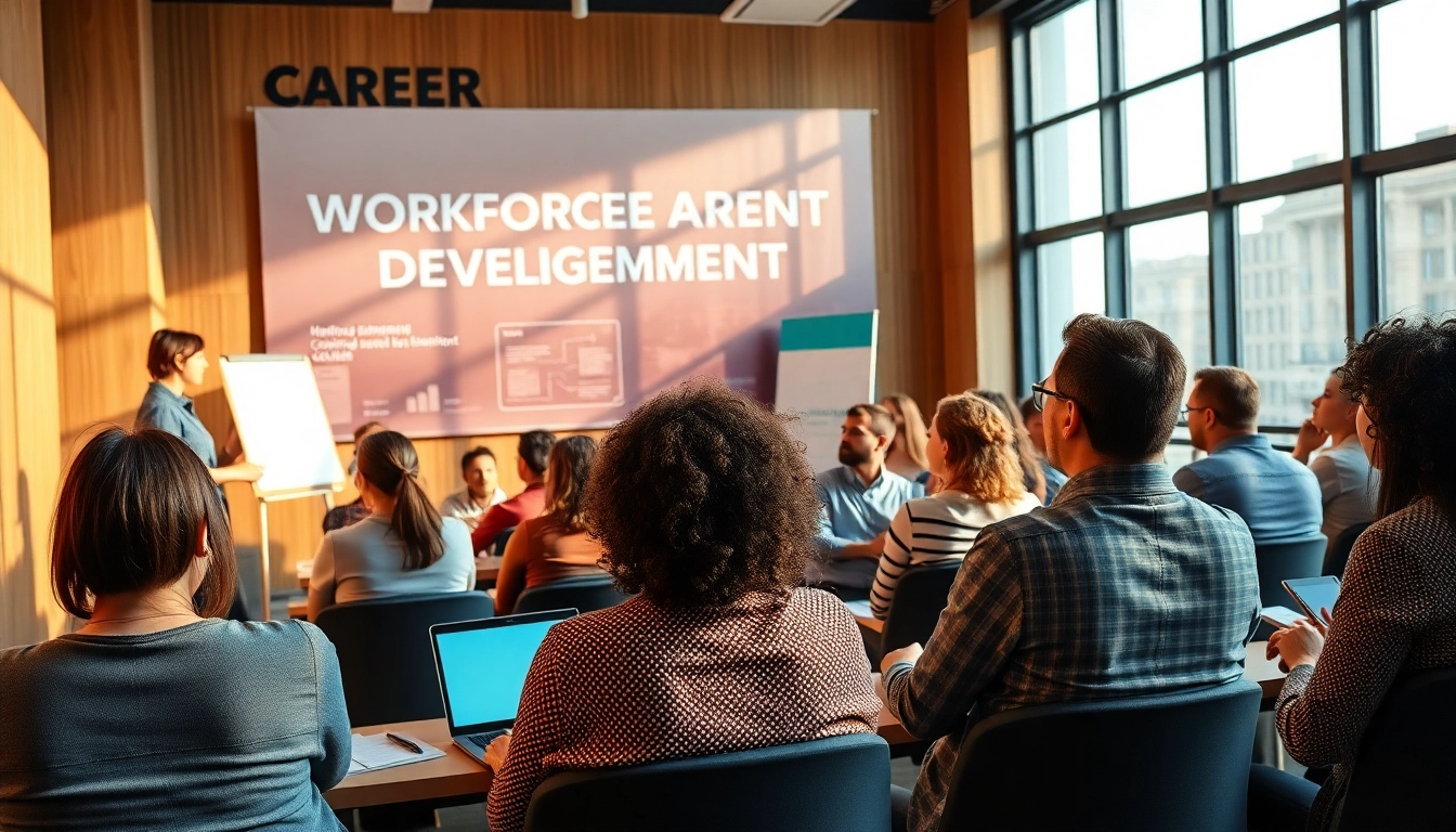 Participants engaged in workforce development seminar demonstrating active learning and collaboration.