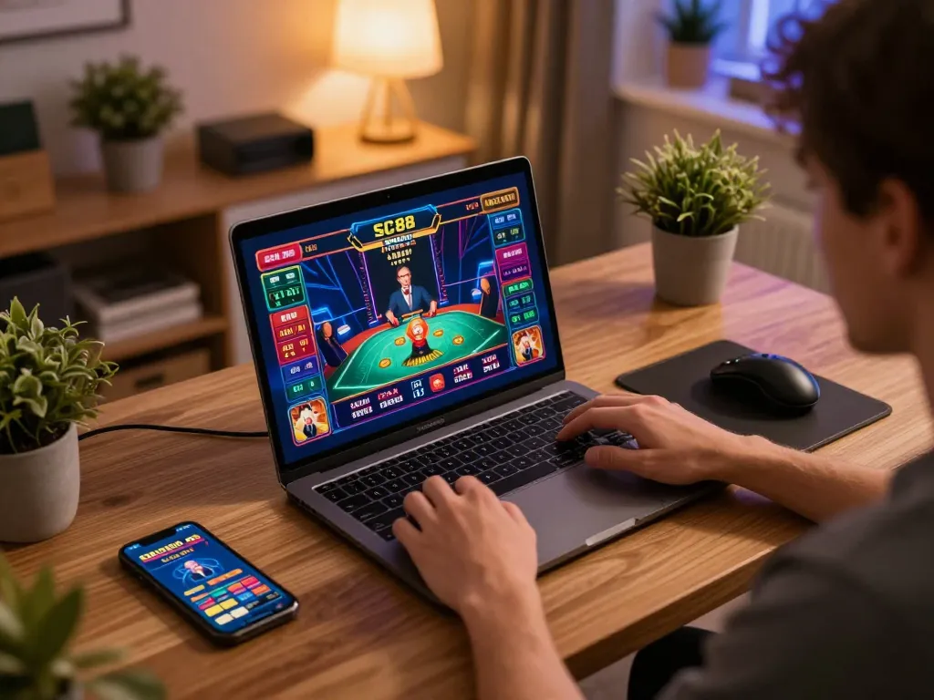 Player engaging with SC88 casino game on laptop in cozy home office setup, showcasing strategic online gaming