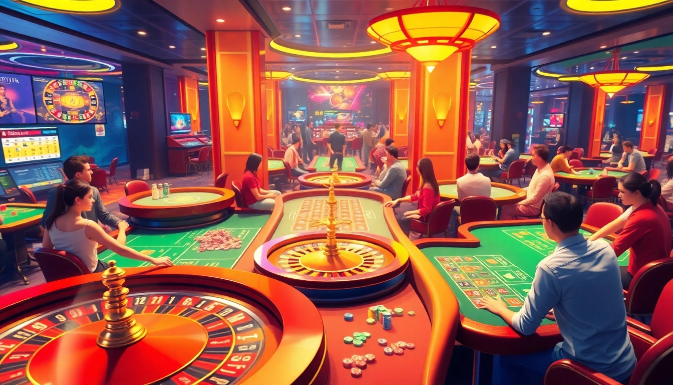 Engaging scene at an online casino site with players at gaming tables, showcasing excitement and interaction.