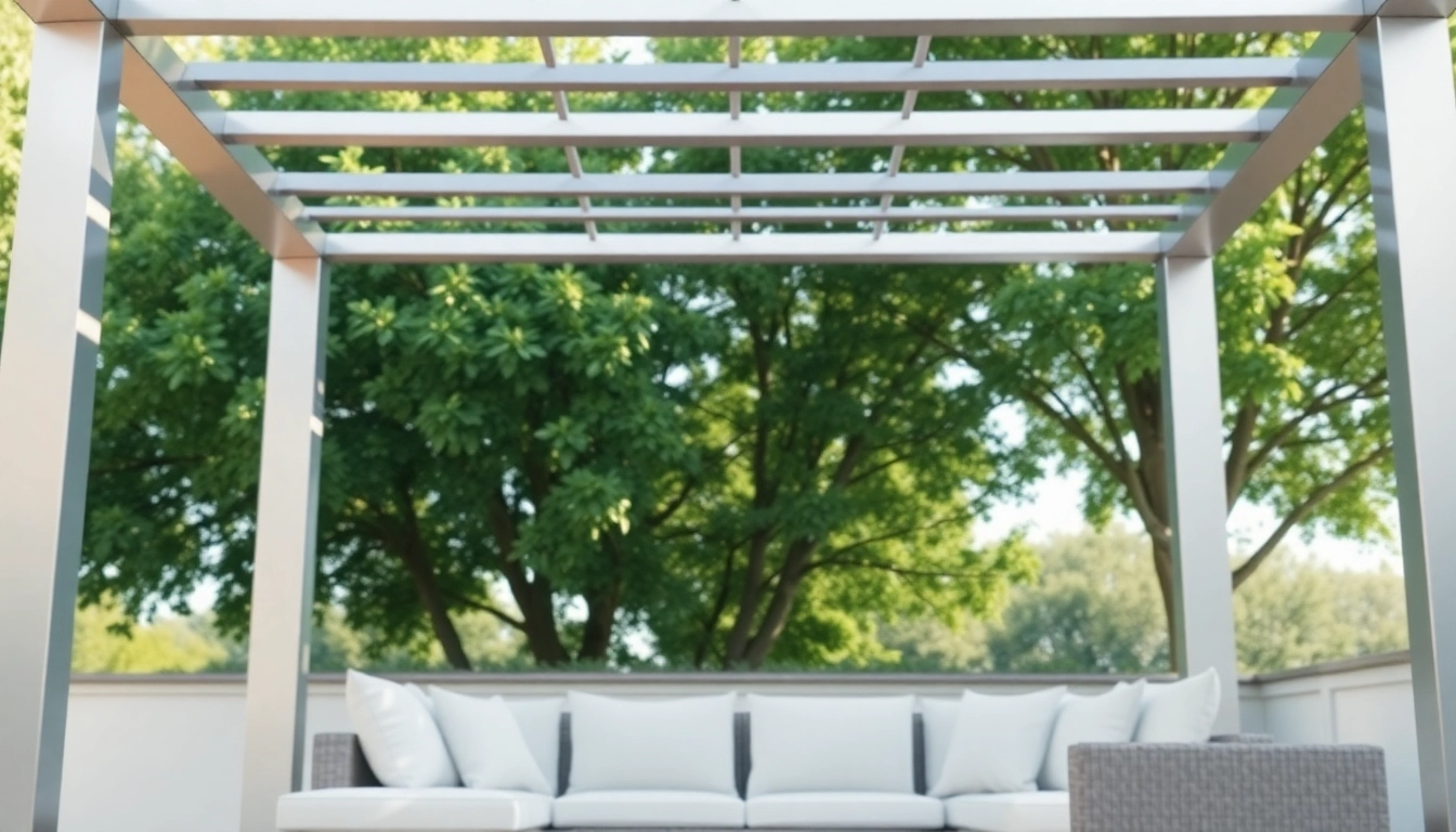 Stylish modern steel pergola enhancing outdoor space with elegant design features.