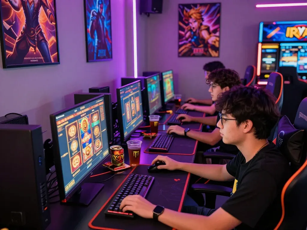 Friends engaged in situs gacor gaming, bright visuals, and snacks in a lively atmosphere.
