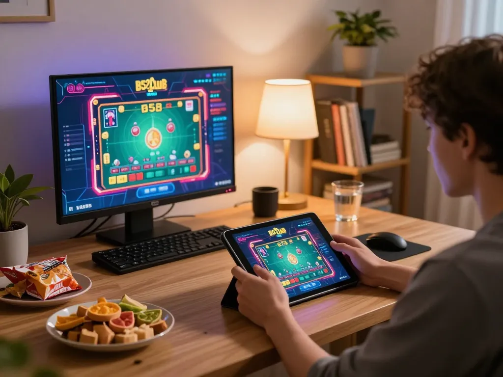 Engaging in B52 Club online gaming on a tablet with cozy home ambiance