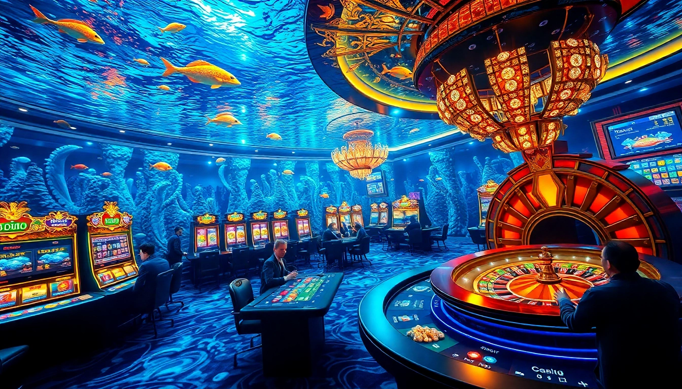 Bắn cá đổi thưởng scene with underwater casino elements, vibrant visuals, and dynamic gameplay excitement.