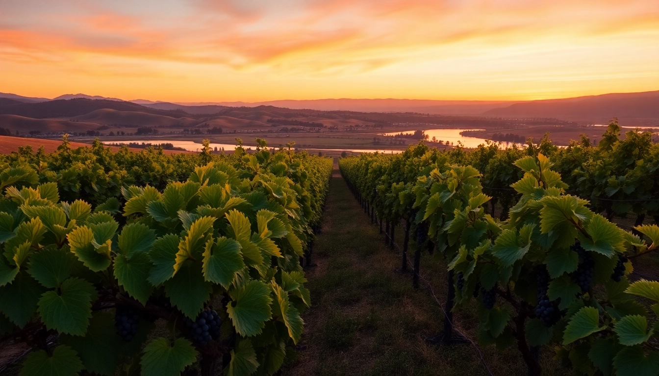Experience the scenic vineyards at Clarksburg wineries during a magical sunset.