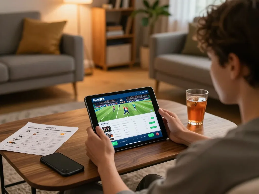 KLIKFIFA user engaging in sports betting on a tablet in a cozy home environment.
