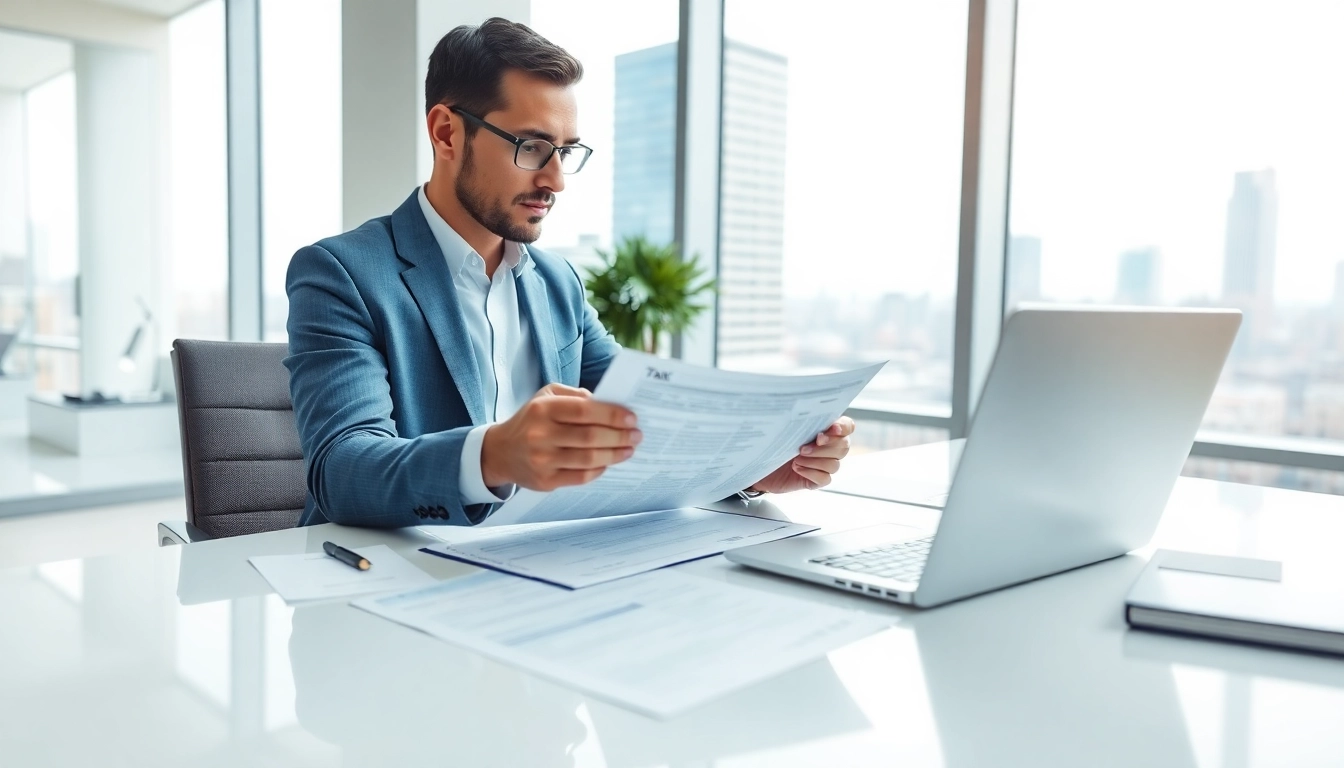 Energized tax advisor organizing tax documents at a modern desk.