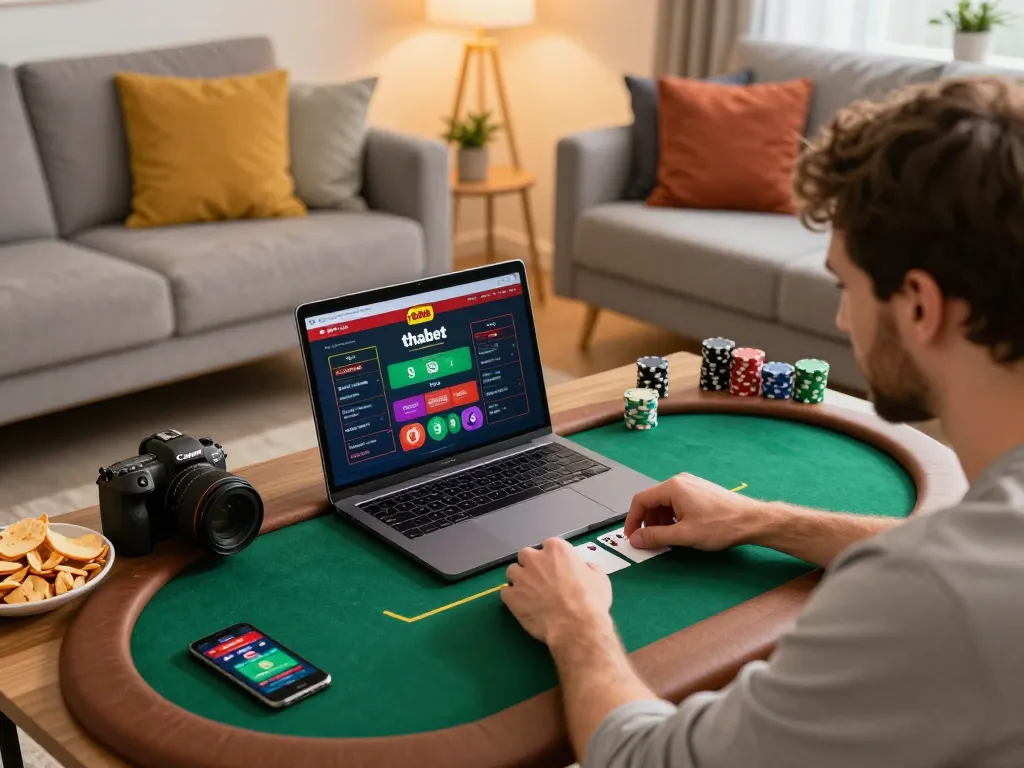 Player using thabet interface on a laptop for online poker in a cozy home setting, showcasing responsible gameplay.