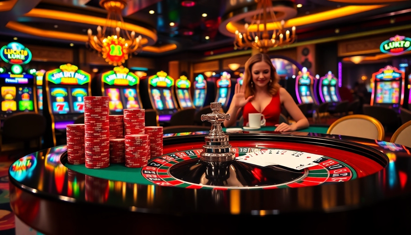 Luck8 casino scene featuring vibrant roulette and live dealers in an exciting atmosphere.