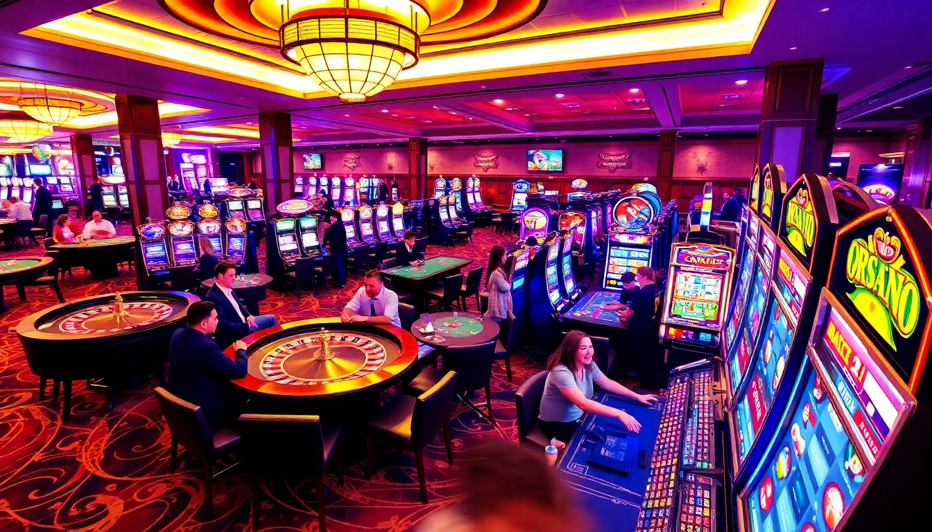 Vibrant casino atmosphere showcasing KJC AC 1 with lively players at card tables, slot machines, and roulette wheels.