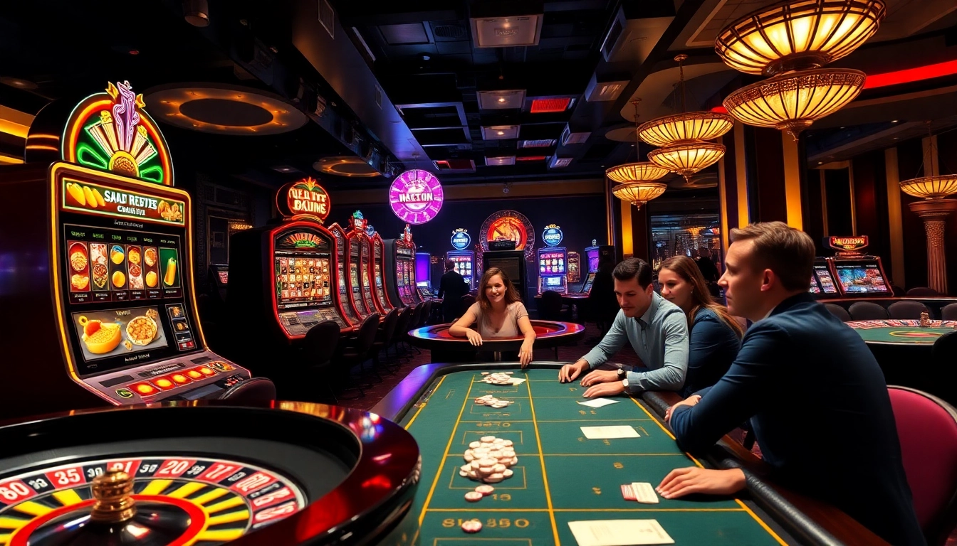 Engaged players experiencing the thrill of luck at Bl555 casino games, featuring vibrant slot machines.