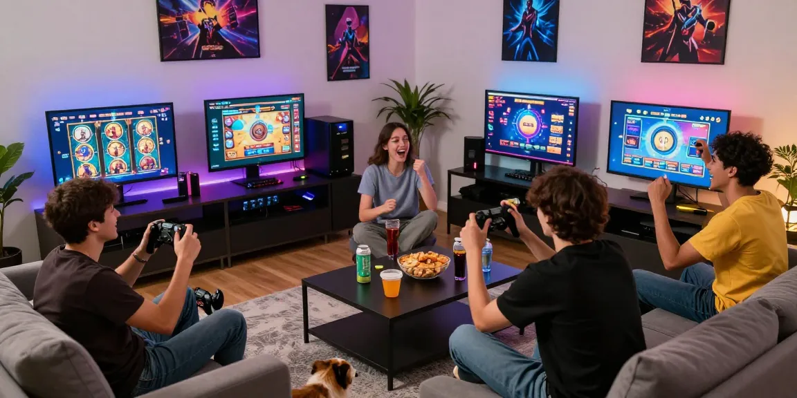 Engaged players enjoying slot games in a lively gaming room with vibrant decor.