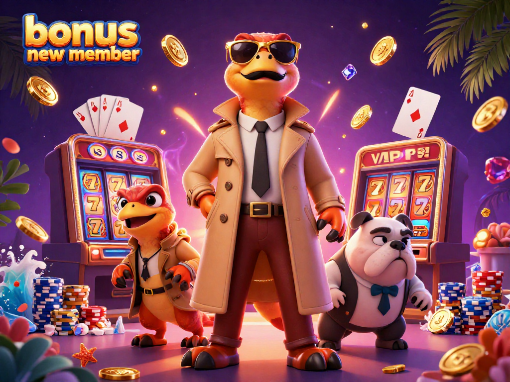 Experience the excitement of "bonus new member" offers with casino-style raptors in a lively gaming scene.