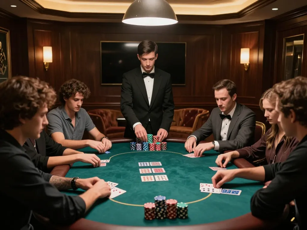 High-stakes poker game at the Trang chủ 79king with focused players and professional dealer in a luxurious setting.