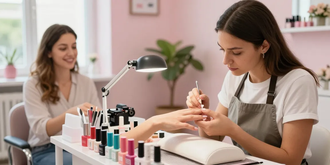 Tehnician profesionist de unghii aplicând gel constructie unghii cu produse colorate și o atmosferă chic în salon.