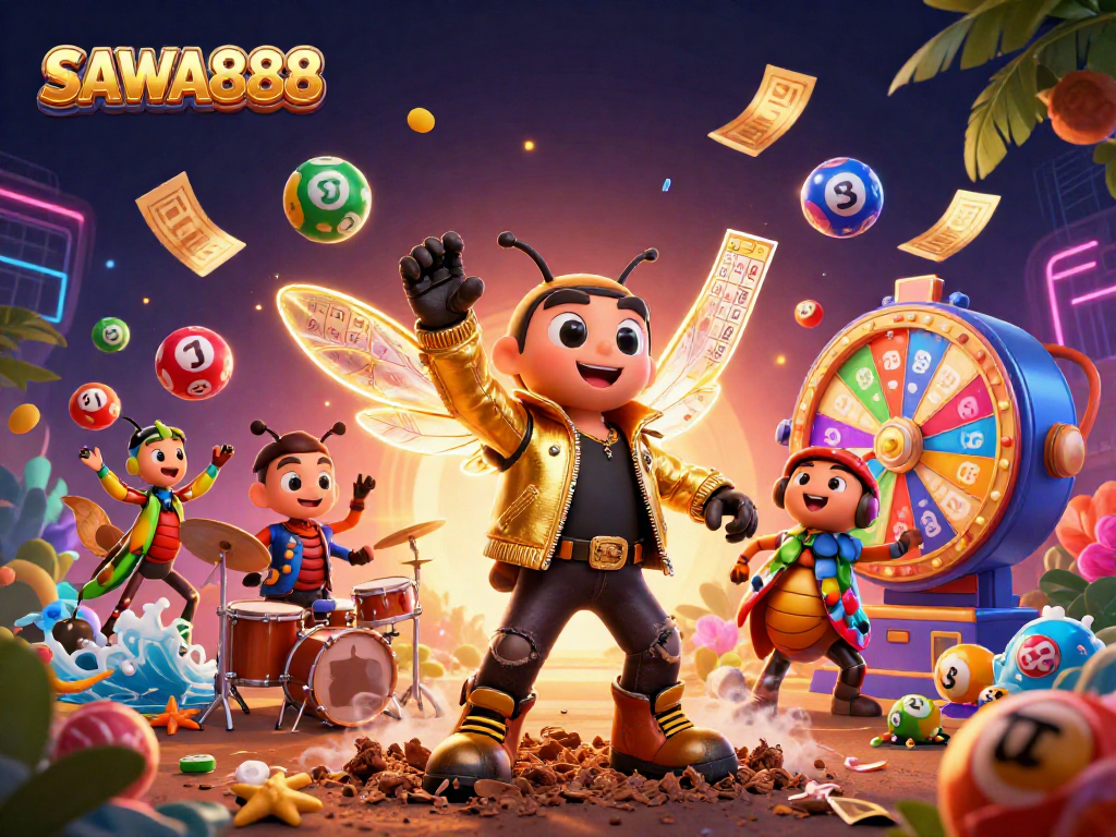 Experience the excitement of SAWA888 with dynamic lottery elements and engaging characters in a vibrant casino scene.