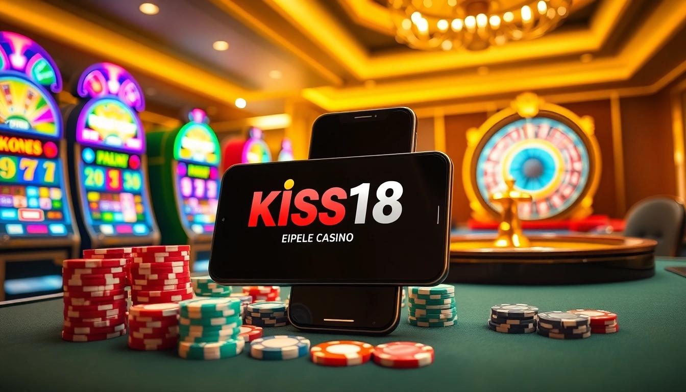 Kiss918 original apk dipaparkan pada telefon pintar, dikelilingi oleh elemen kasino seperti mesin slot dan cip poker.