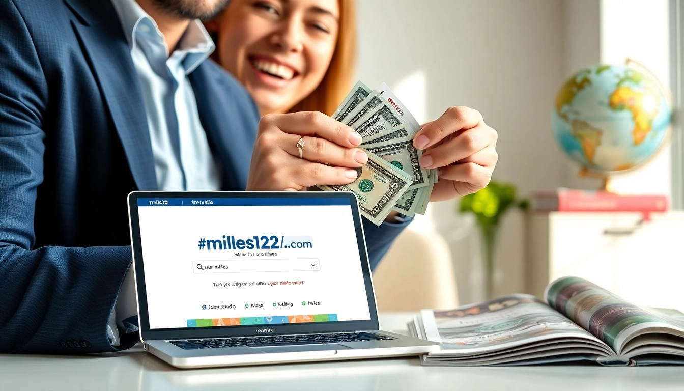 Sell your miles efficiently at https://miles123.com, featuring happy customer counting cash.