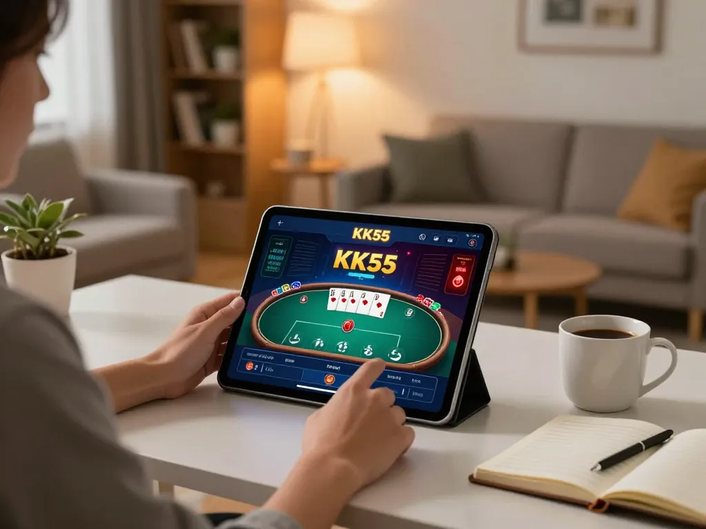 Engaged player using KK55 app for online poker in a cozy home setting.