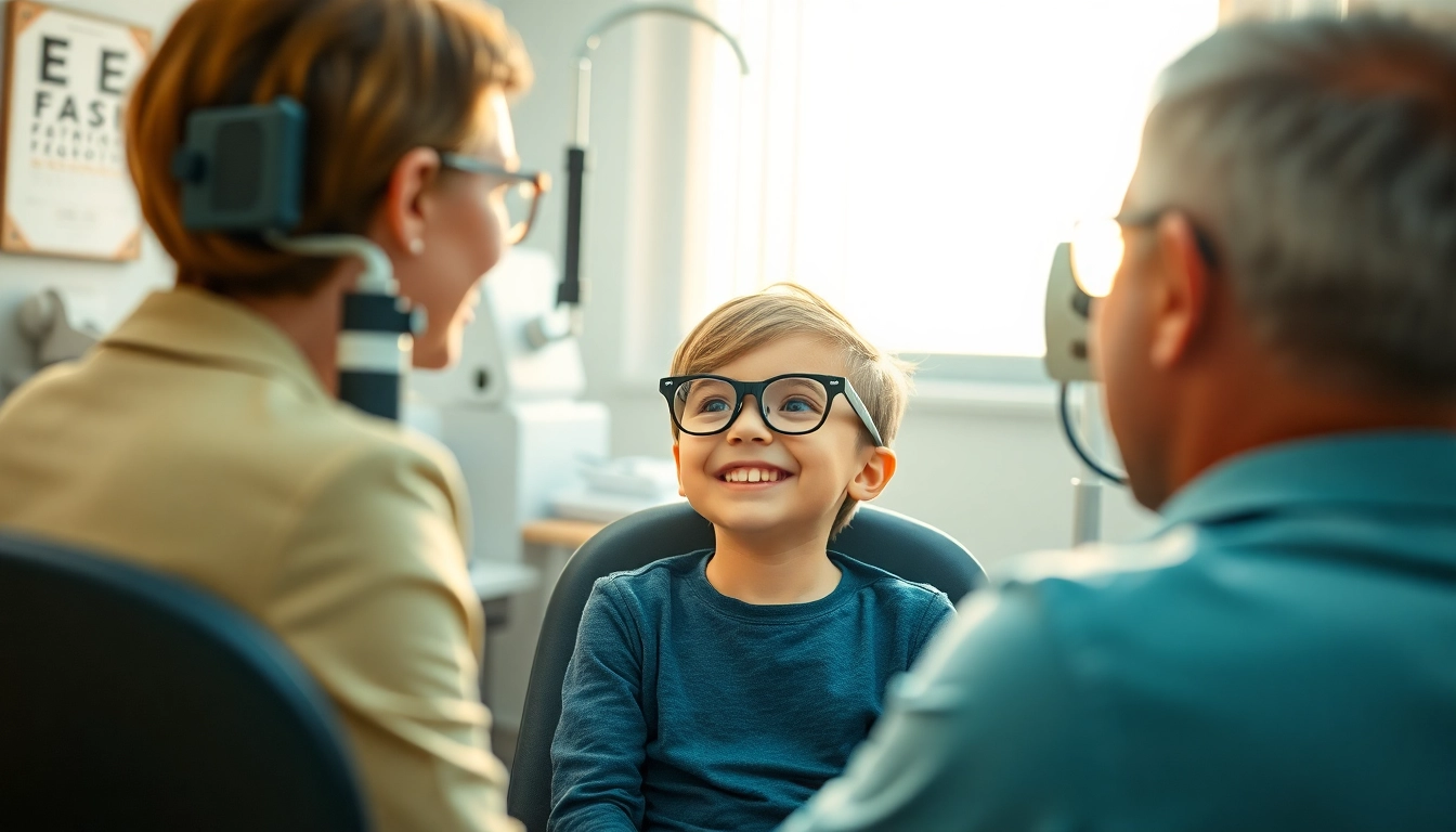 Showcasing Our Children's Vision through a child receiving an eye exam, exuding happiness and care.