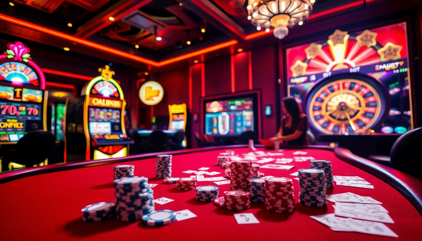 Experience the thrill of 88aa in a luxurious casino setting with vibrant gaming tables and vivid slot machines.