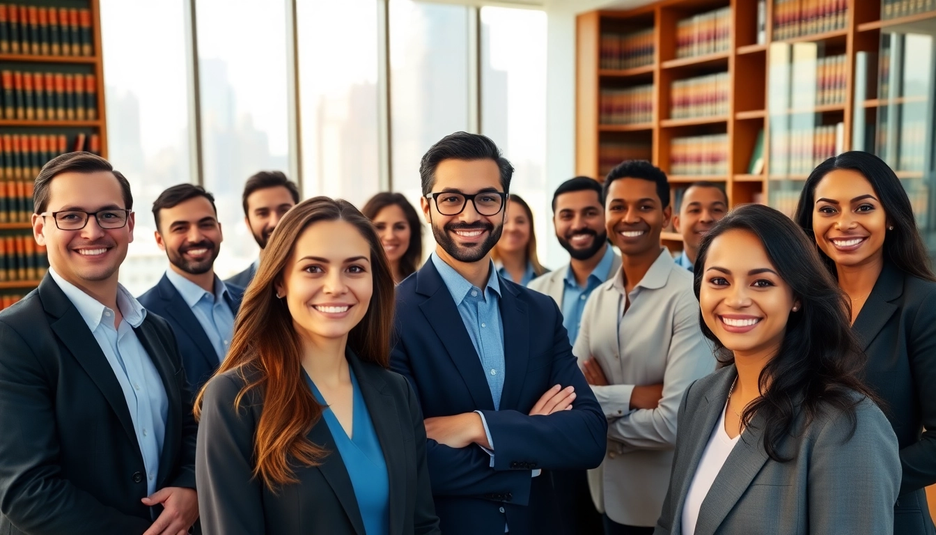 Group of diverse USA lawyers collaborating in a modern office setting.