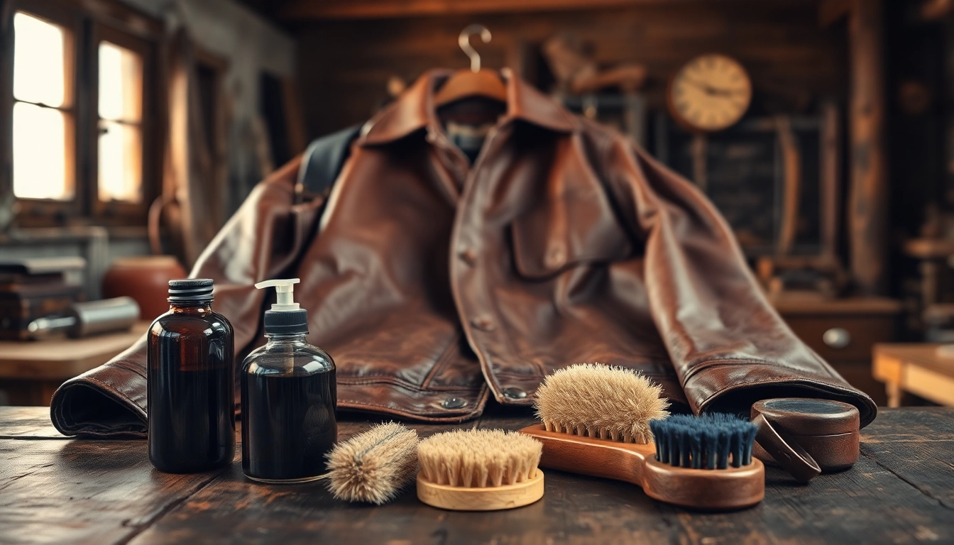 Restoring vintage leather jackets and gear showcased through a beautifully restored jacket on a rustic table.