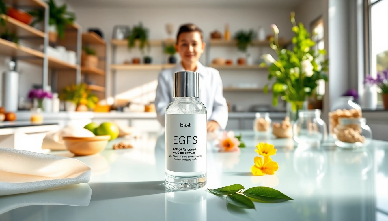 Showcase the best EGF serum in a professional setting with vibrant textures and natural light.